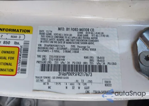 2015 Ford Fusion Titanium from USA, damaged, VIN 3FA6P0K95FR217673